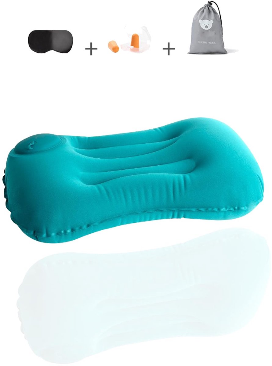Opblaasbare reiskussens, opblaasbare campingkussens, ergonomische, nek- en lendensteun (blauw)