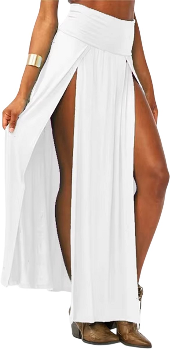 Dames Maxi Rok Hoge Taille met Dubbele Split – Lange Zomerrok Effen Casual Elegant voor Strand Vakantie en Feest Wit