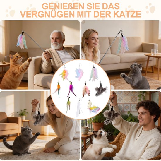 10 stuks kattenspeelgoed, reservekoppen voor katten, interactief kattenspeelgoed met klokken en natuurlijke veren, veerspeelgoed, intelligentiespeelgoed voor katten, perfect voor kitten (10 — afbeelding 5