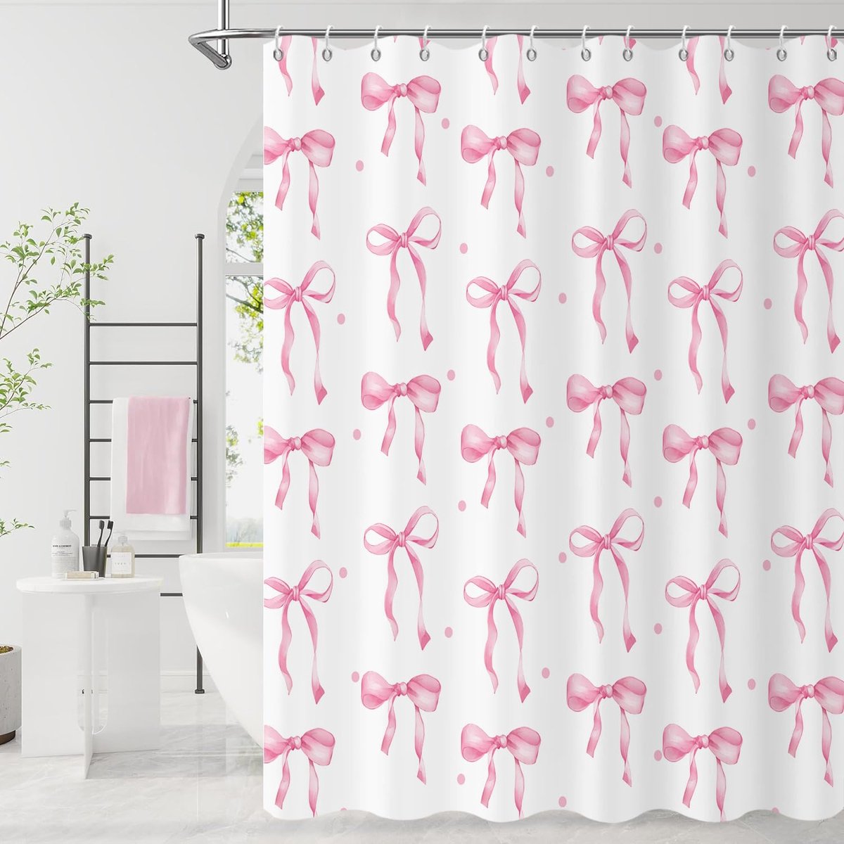 180 x 180 cm, roze schattige esthetische strikken, waterdichte stof, machinewasbaar, badkamergordijn met haken