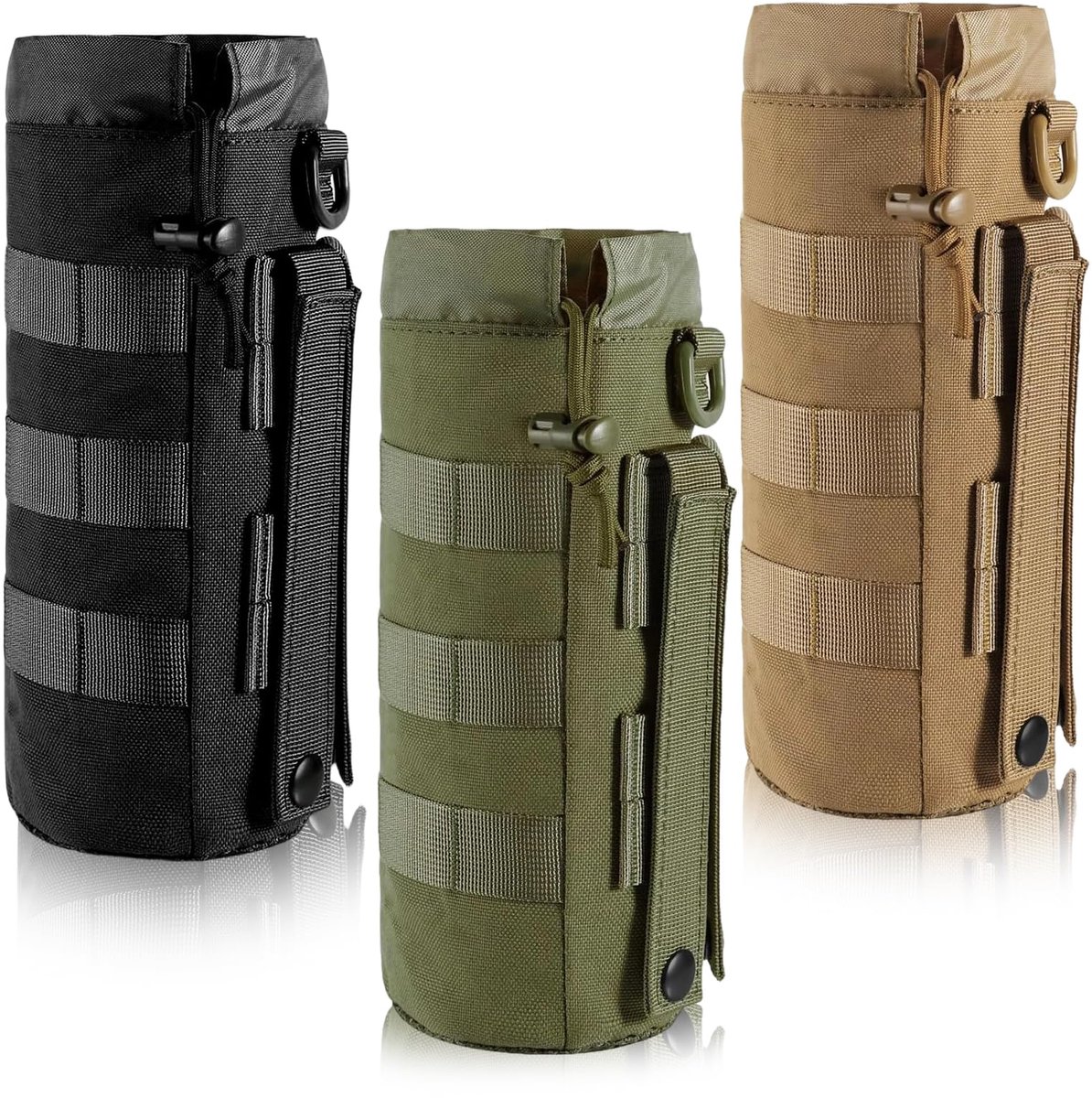 3 stuks Tactische flessenhouder, Nylon Molle flessenhouder Draagbare tactische waterfles tas met trekkoord en mesh onderkant Duurzaam voor outdoor wandelen, jagen, kamperen