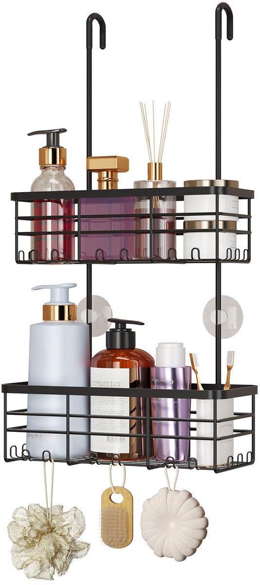 Hangende douche Caddy Organizer - Geen boren Douche Organizer met Haken, Roestvrij & Waterdicht 304 RVS Badkamer Planken - Zwart