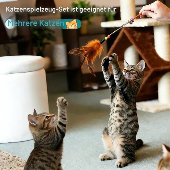 Kattenspeelgoed veer kat speelgoed veer toverstaf kat huisdier speelgoed draad jager staf teaser veer met bel, kattenspeelgoed voor binnen katten kitten interactieve training (6 stuks) — afbeelding 5