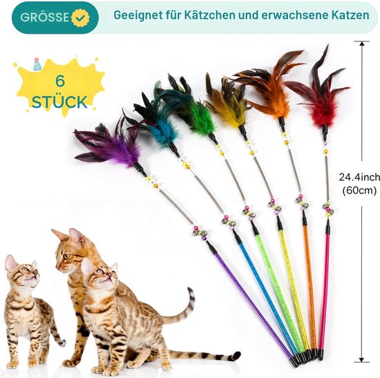 Kattenspeelgoed veer kat speelgoed veer toverstaf kat huisdier speelgoed draad jager staf teaser veer met bel, kattenspeelgoed voor binnen katten kitten interactieve training (6 stuks) — afbeelding 4