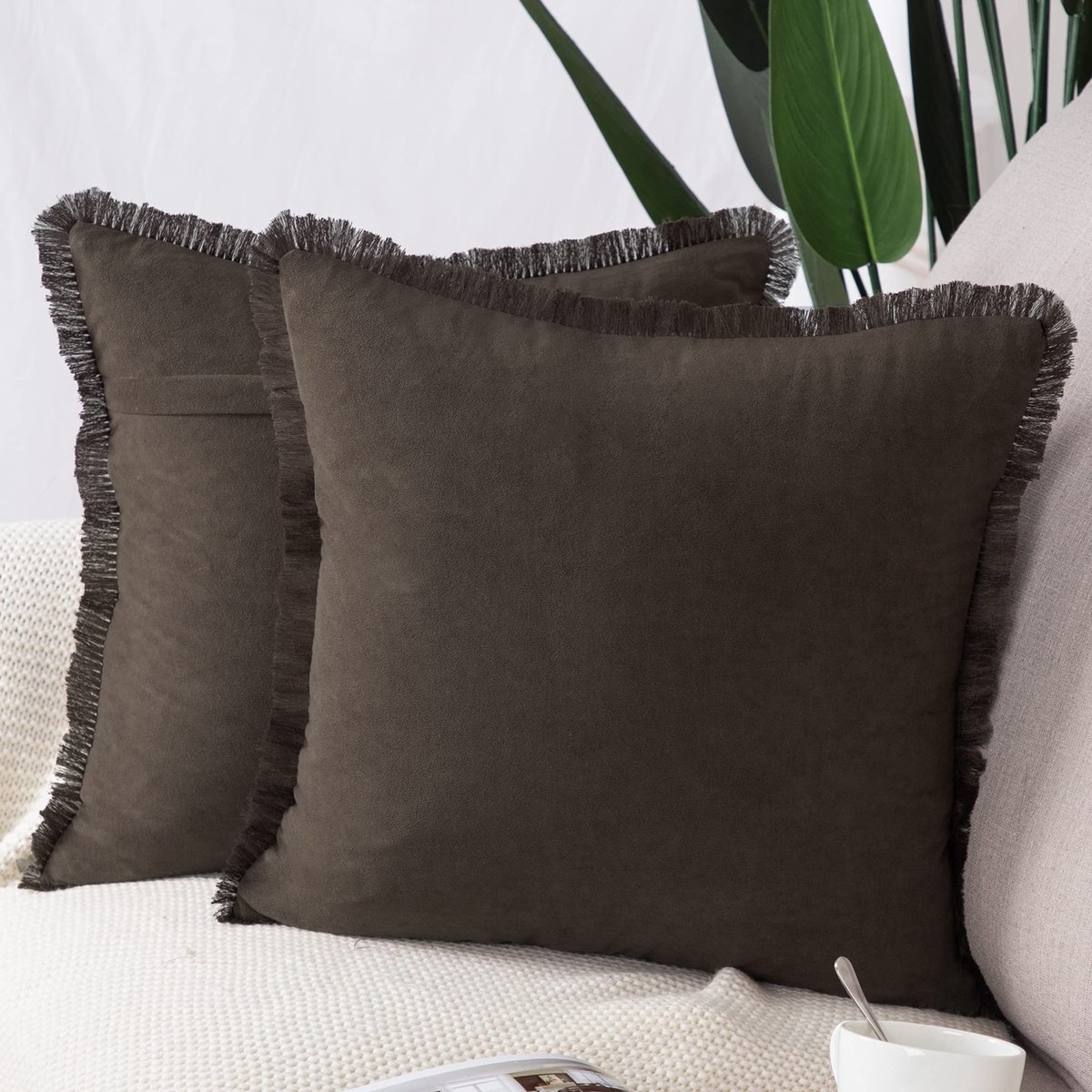 Set van 2 Kort suède kussenslopen zacht decoratief kussenhoes voor sofa slaapkamer kussensloop 60x60 cm Donkerbruin