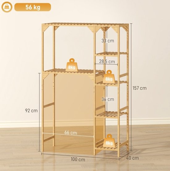 MEUNIQ wasmachinerek 100 x 40 x 157 cm met 7 open schappen, verstelbare zijplanken, boven wasmachine of droger, bamboe opbergrek voor wasruimte, Naturel — afbeelding 3