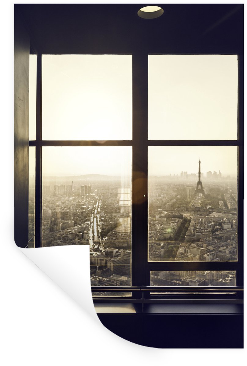 Muurstickers - Sticker Folie - Uitzicht op de Eiffeltoren via de ramen - 80x120 cm - Plakf