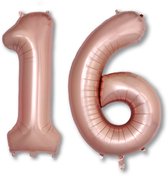BTH – Folie Ballon Cijfer 16 – Rosé Goud – Feestversiering – Helium of Lucht – Verjaardag Decoratie – Met Rietje – 86cm