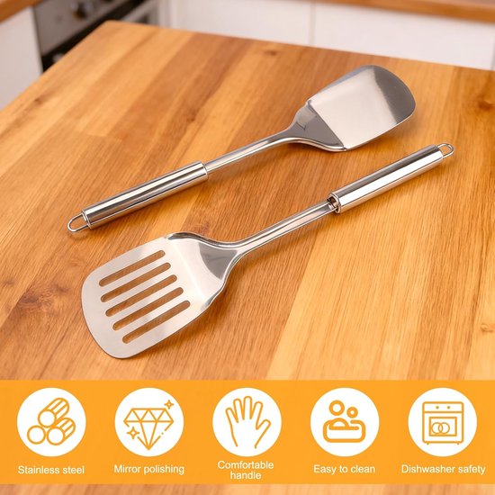 Spatelset, sleufspatel, roestvrij staal, lange steel met praktisch oogje, robuuste keukenspatel met hoge hittebestendigheid, vaatwasmachinebestendig (33 + 34,5 cm, zilver) — afbeelding 2