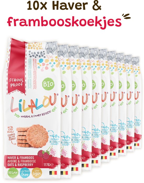 Tien verpakkingen haver & frambooskoekjes met op de voorkant de tekst 'School Proof' en 'Bio'. De koekjes zijn vegan, lactosevrij en bevatten minder suiker.