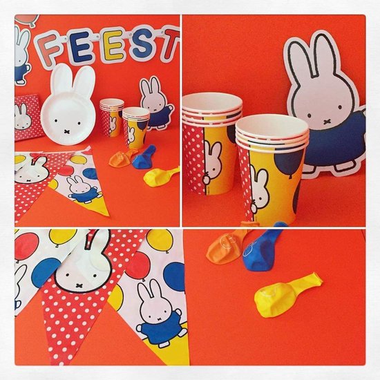 Collage d'articles de fête Miffy : assiettes, gobelets, fanions, ballons et confettis avec le texte 'FEEST'.