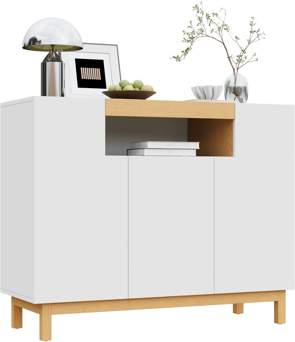 Zubaliya Sideboard - Wit met houtlook - 3 deuren, open middenvak - Duurzaam spaanplaat, strak design - Geschikt voor woonkamer, eetkamer, slaapkamer en hal