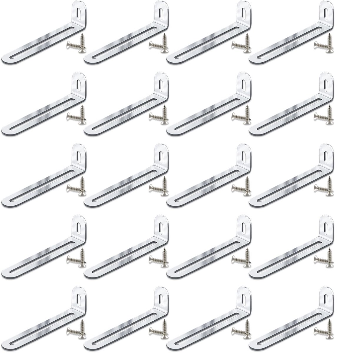 Hoekverbinders 73 x 23,5 x 15 mm, 20 stuks hoek met langgat, metaal, L-vormige verstelbare rechthoekige bevestigingshoek, metalen connector voor houten meubels, tafels, stoelen (zilver)
