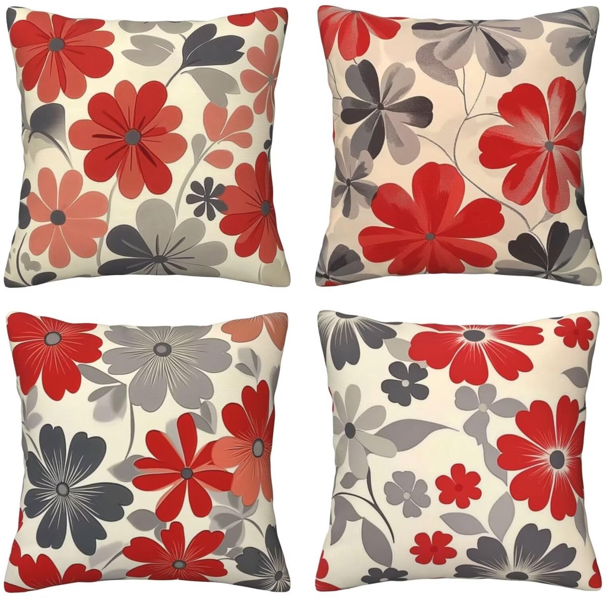 Set van 4 kussenslopen, sierkussenhoezen, rode en grijze print, 65 x 65 cm, behaaglijk, kussenhoes met onzichtbare ritssluiting, zacht, wollig, bankkussen, wasbaar, voor terras en woonkamer, decoratie