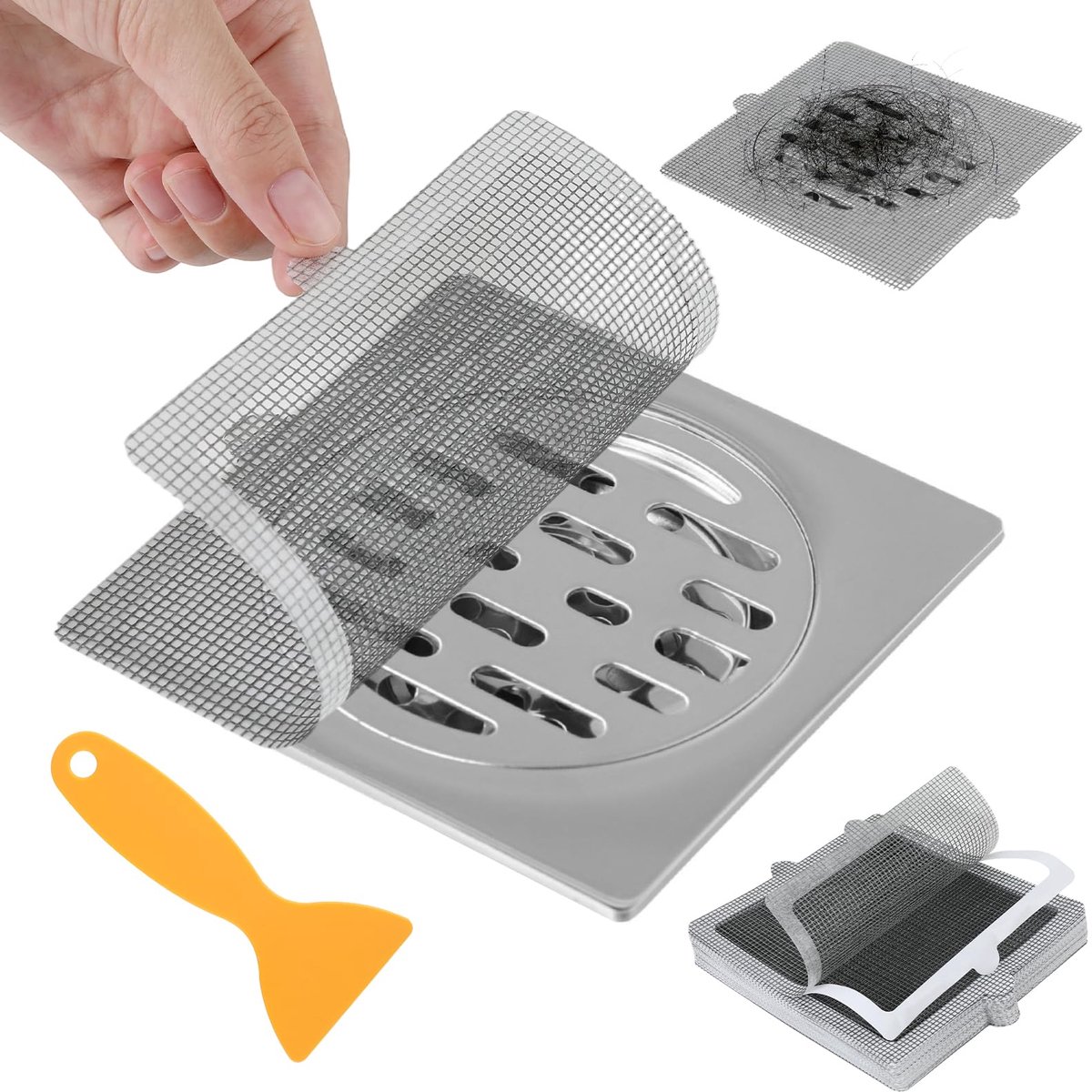 48 stuks wegwerp afvoerzeef douche met kunststof schraper, 15 x 15 cm, haarvanger, douche, soepele zeef, doucheafvoer, haarzeef, douche voor douchegoot, keuken, badkamer
