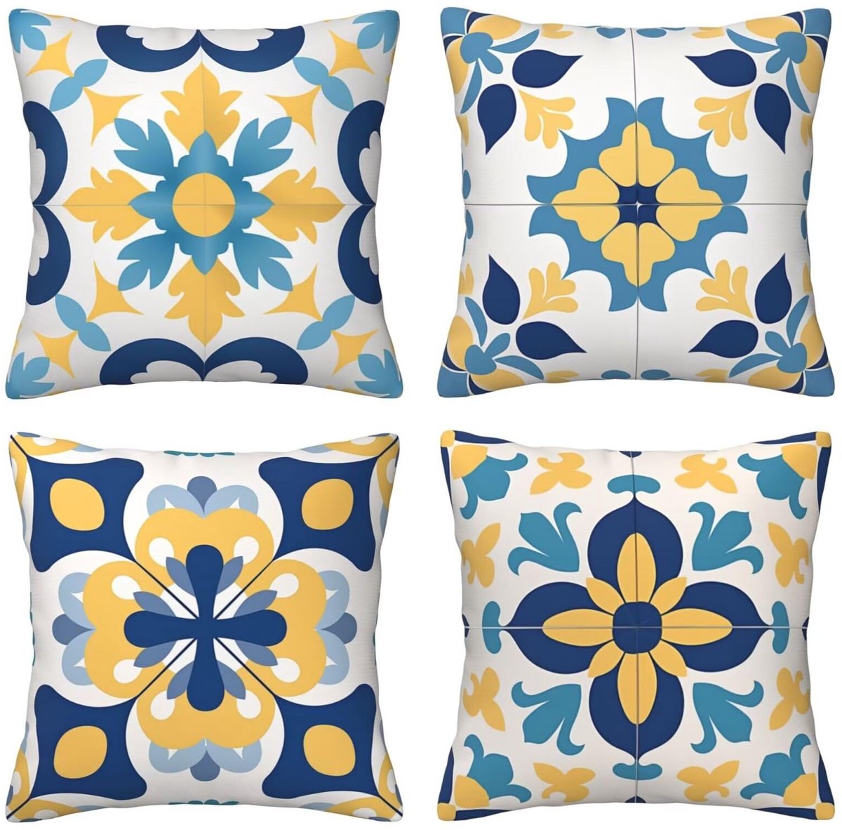 Set van 4 kussenslopen, 65 x 65 cm, bedrukt, blauw en geel, kussenslopen, fluweel, zacht, groot, ademend, dubbelzijdig, bankkussen, vierkant, decoratie voor auto, huis, woonkamer, bank, slaapkamer