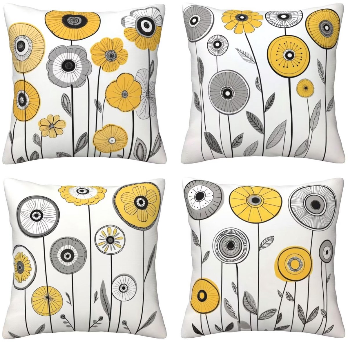 Set van 4 kussenslopen, 65 x 65 cm, bloemen, geel-grijs, kussenslopen, fluweel, zacht, groot, ademend, dubbelzijdig, bankkussen, vierkant, decoratie voor bed, auto, huis, woonkamer, bank, slaapkamer