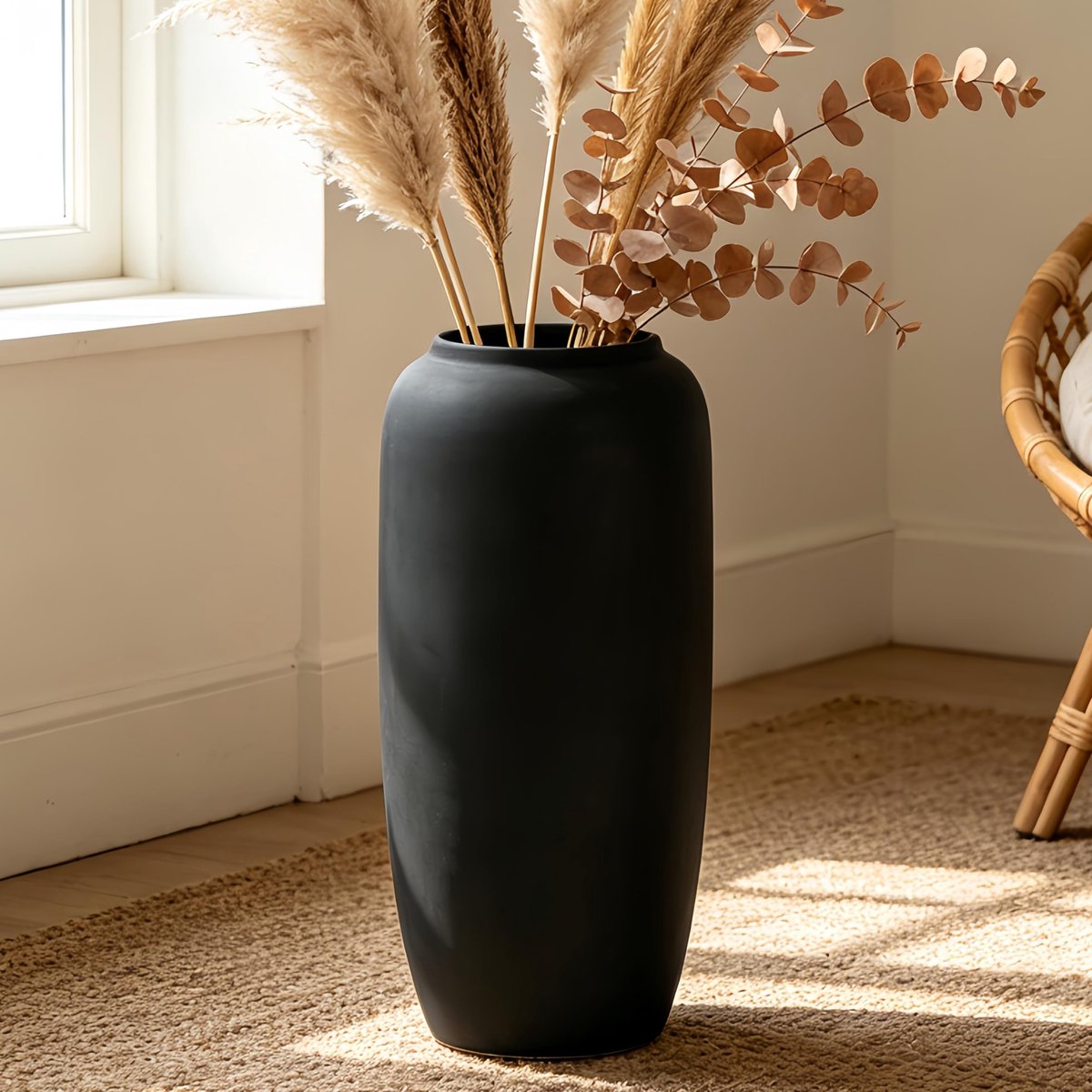 Vaas, 40 cm, rustieke boho-stijl voor pampasgras of bloemen, perfect voor woonkamer, entree of als decoratie op tafels en planken.