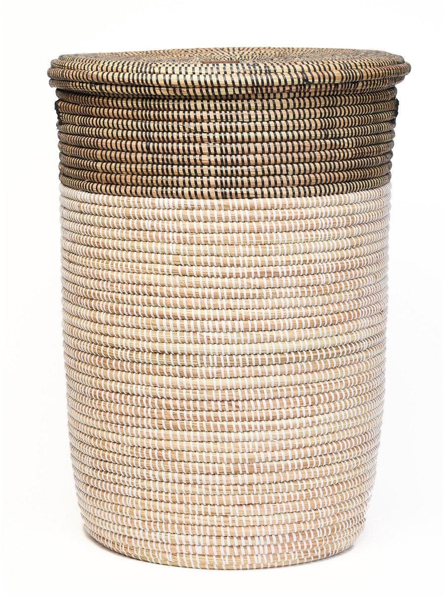 XXL Wasmand met deksel 85L - Geweven wasmand, Afrikaanse mand, Wasverzamelaar met deksel, Grote opbergmand voor speelgoed & dekens, Mand met handvat, Model Fakoly (Zwart-Wit-Plat)