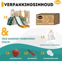Inhoud van de verpakking: een wit speelhuisje met groene en gele glijbaan en schommel, een kartonnen doos en een Nederlandse handleiding.