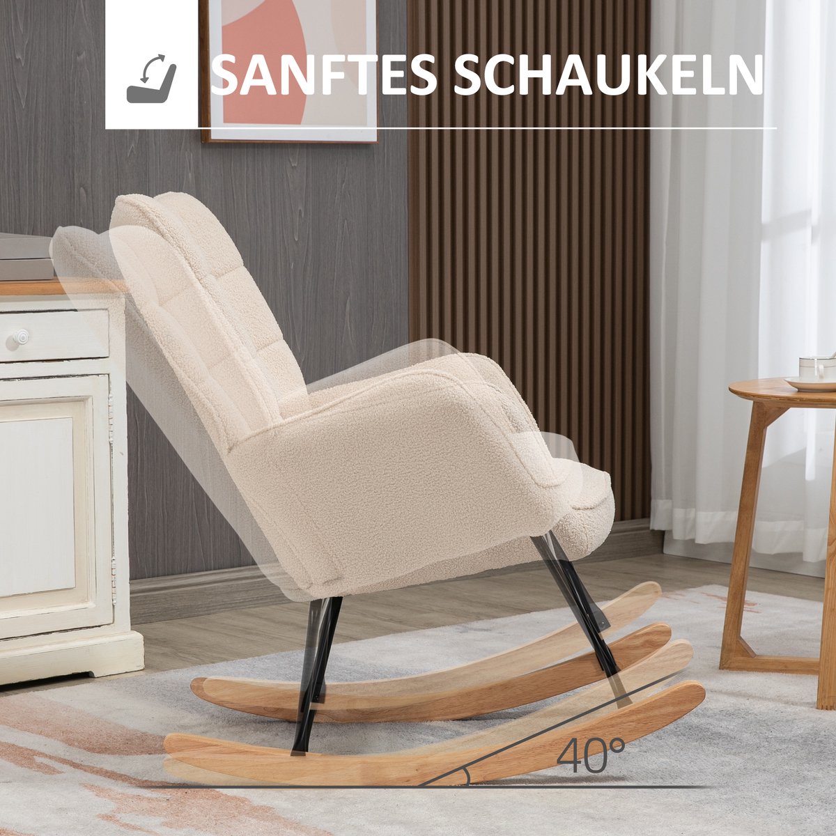 Schommelstoel Fauteuil – Relaxfauteuil Met Berbervlies, Armleuningen En Stevige Houten Basis – Voor Woonkamer En Slaapkamer – Beige