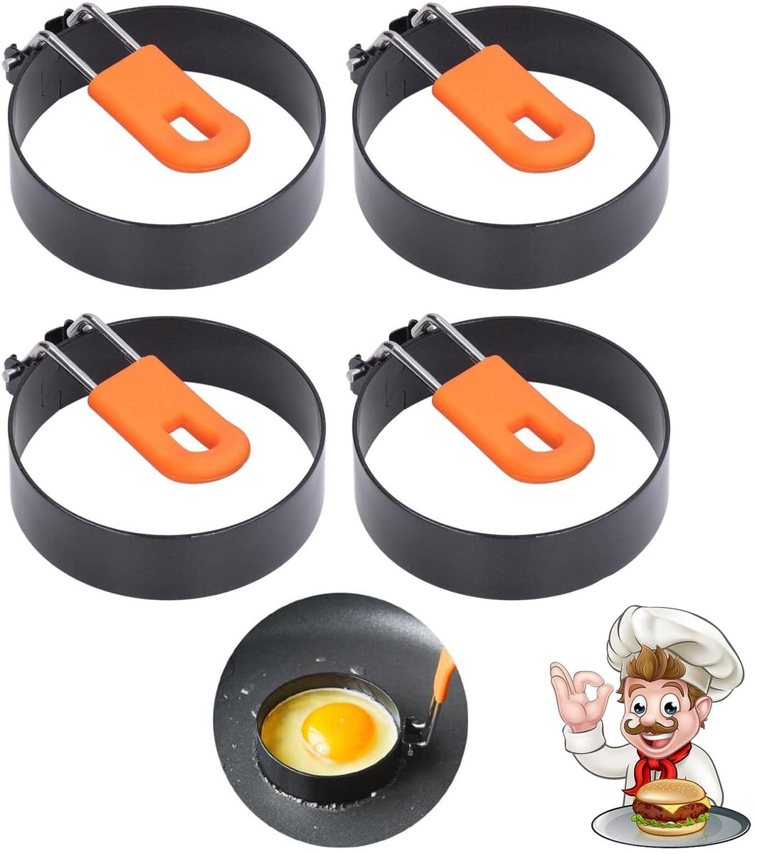 4 stuks eierringen van roestvrij staal, anti-aanbak-eierring, ronde omeletvorm met siliconen handvat, brandveilig, buigzaam, kookvormen voor spiegeleieren, pannenkoeken