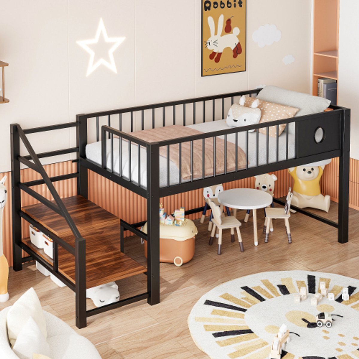Lemlit Halfhoogslaper - Kinderbed en Laag Hoogslaper 90x200 cm met Opbergladder, Veiligheidshek en Metalen Frame - Zwart