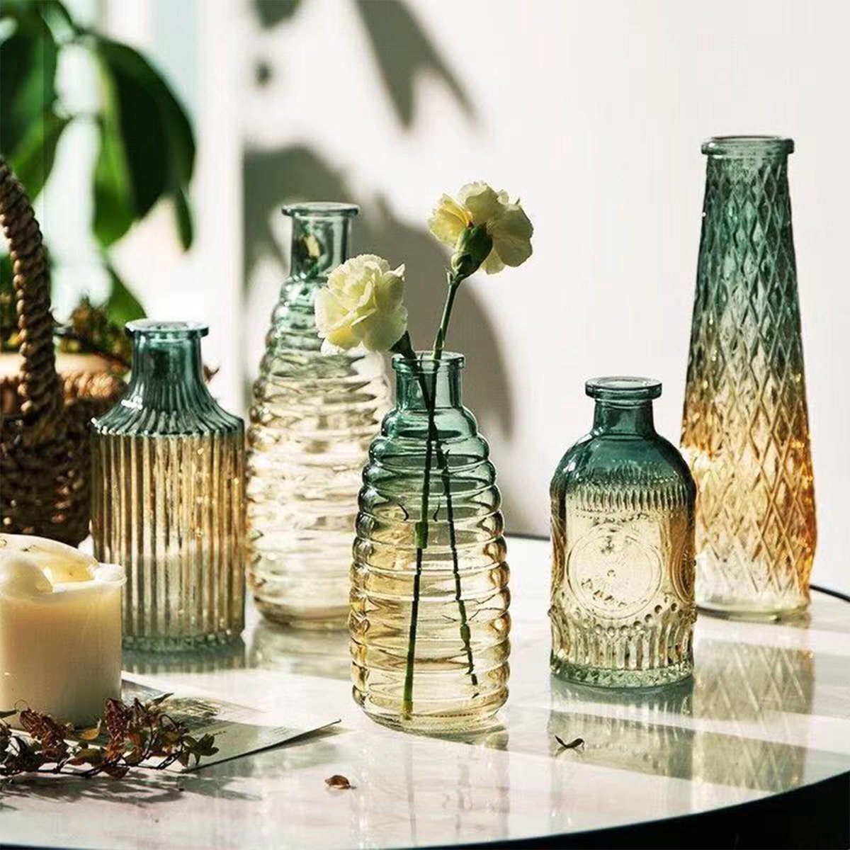 bud vazen, set van 5, mooie heldere vaas, vintage fles voor tafeldecoraties, bruiloftsdecoratie, receptie, thuis