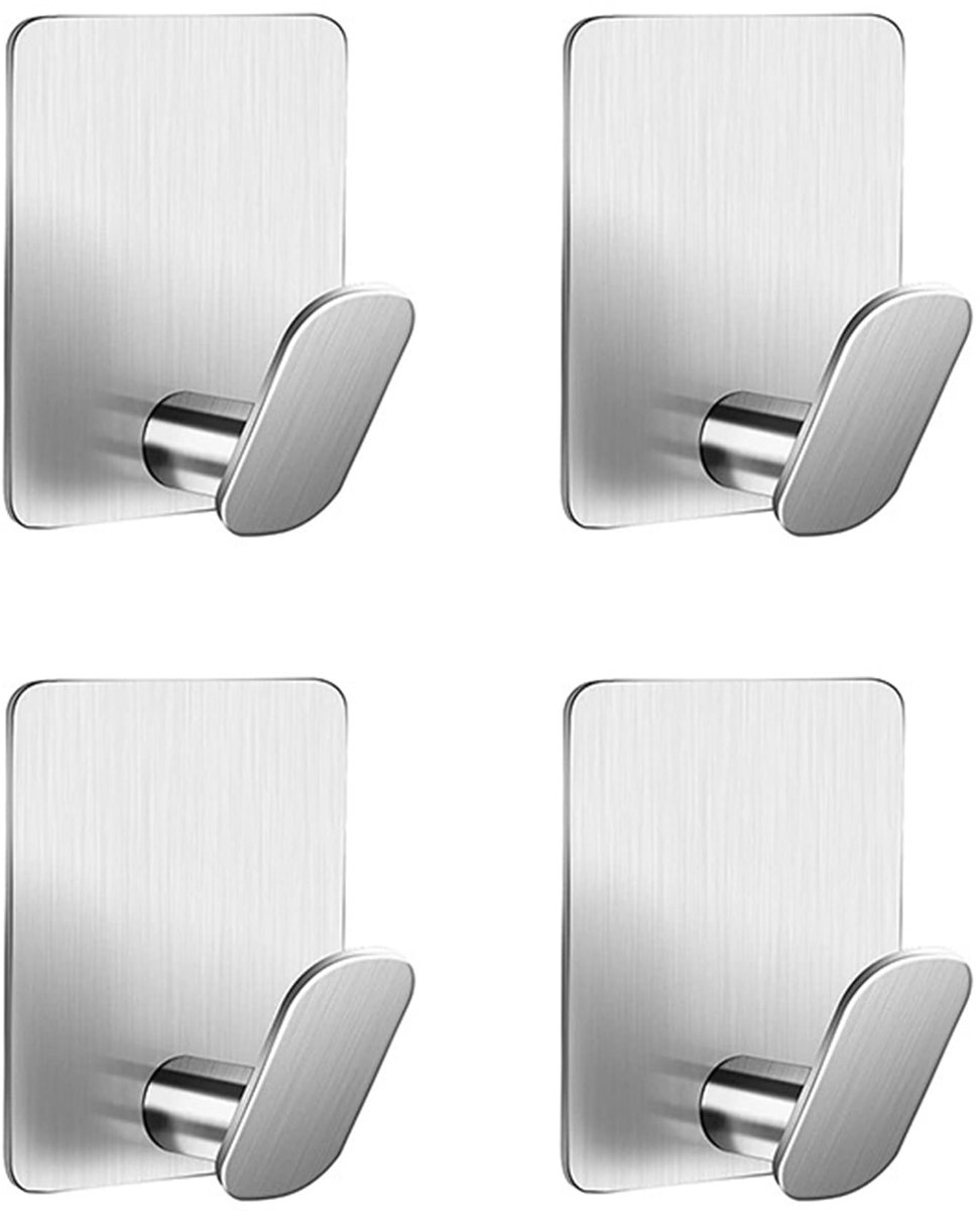Handdoekhaken 4 Stuks Haken Zonder Boren Zelfklevend Zelfklevende Haken Roestvrij Staal Wandhaken Zelfklevend Handdoekhouder voor Keuken en Badkamer, Zilver
