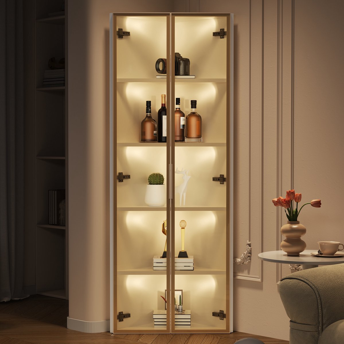 KOMHTOM Glasvitrine - LED Verlichting - 62x35x160cm - Wit - Gehard Glas - Stofdicht - Boekenkast - Vitrinekast - Hoekvitrine - Woonkamer