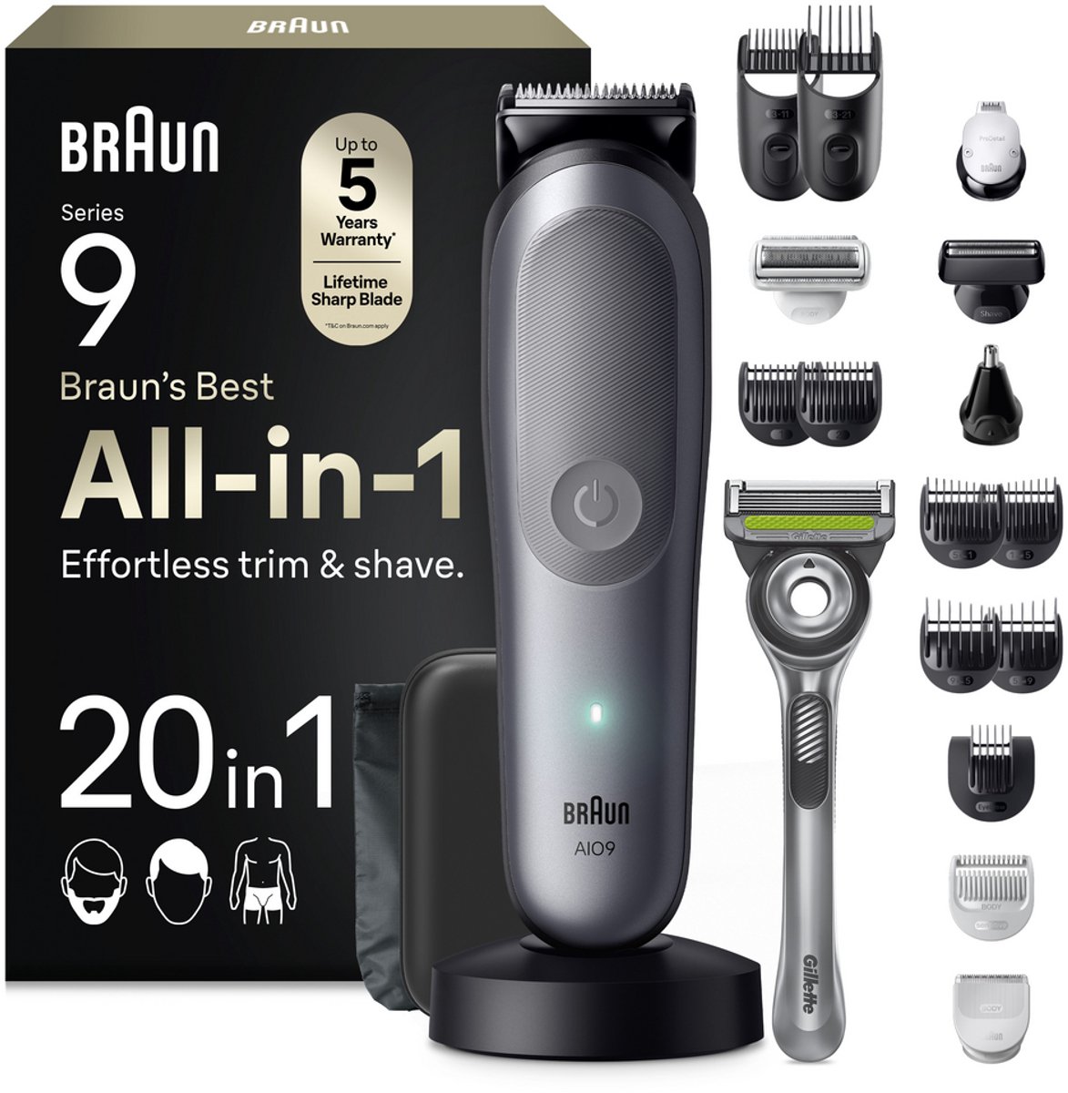 Braun All-in-One Series 9 - 20-in-1 Kit - Trimmer - Baardtrimmer - Tondeuse - AIO9540 - Grijs - voor Mannen