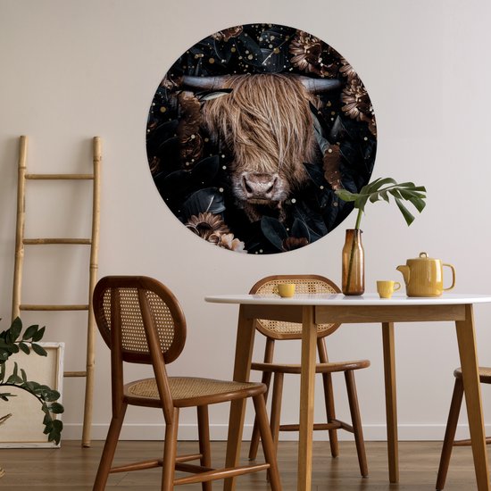 Papier peint Circle - Scottish Highlander - Vaches - Fleurs - Lumière - 100x100 cm XXL