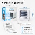 Inhoud van de verpakking: witte tafel aircooler, USB-C oplaadkabel en handleiding.