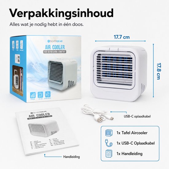 Inhoud van de verpakking: witte tafel aircooler, USB-C oplaadkabel en handleiding.