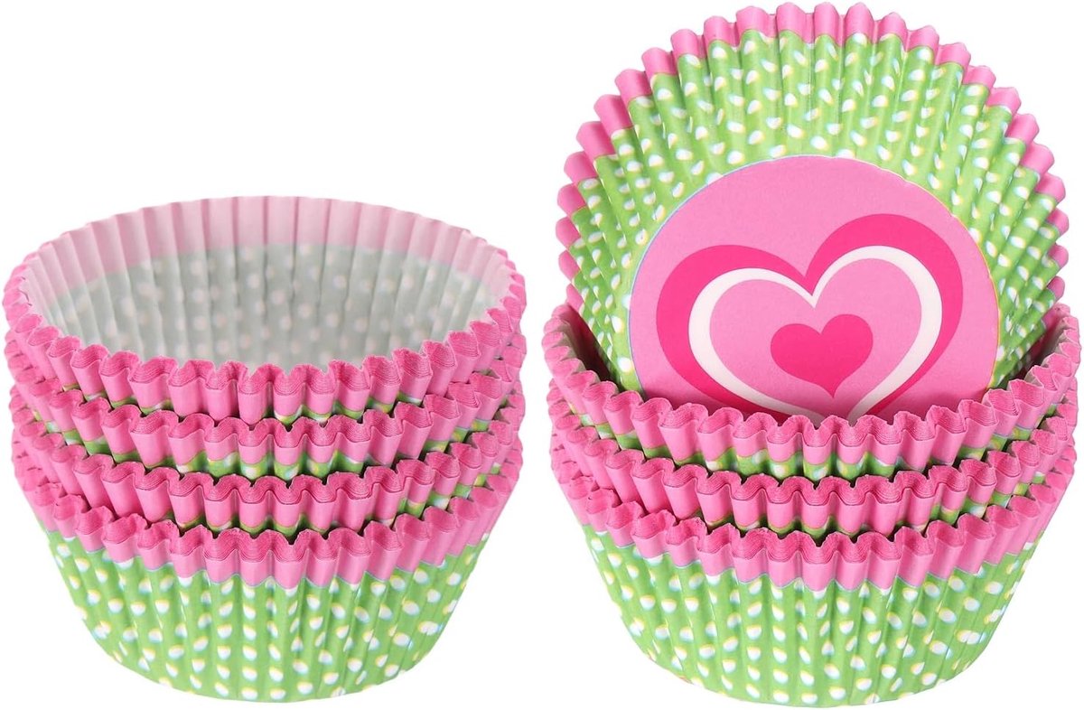 100 stuks muffinvormen van papier, 5 cm diameter onderaan, cupcakevormen, wegwerpbakvormen voor dessert, gebak, bruiloft, verjaardag, roze/groen