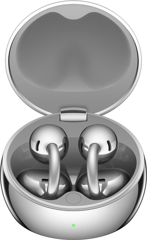 Zilverkleurige, ovale oplaadcase van Huawei, open met twee zilverkleurige oordopjes erin.