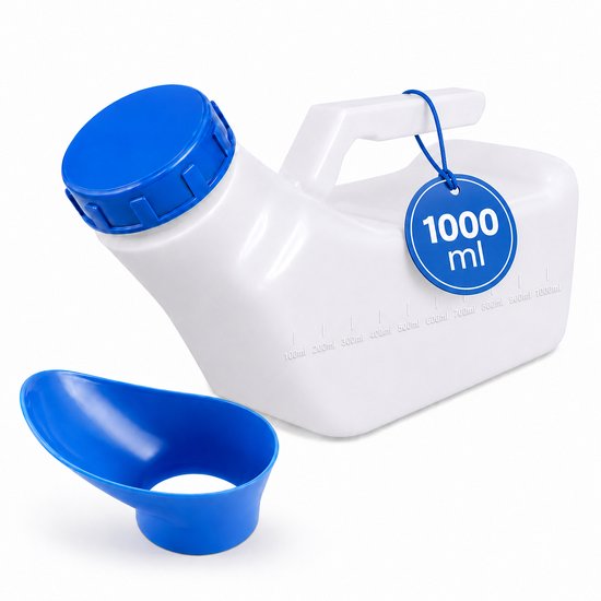 Urinoir blanc avec bouchon et entonnoir bleus, graduations jusqu'à 1000 ml.