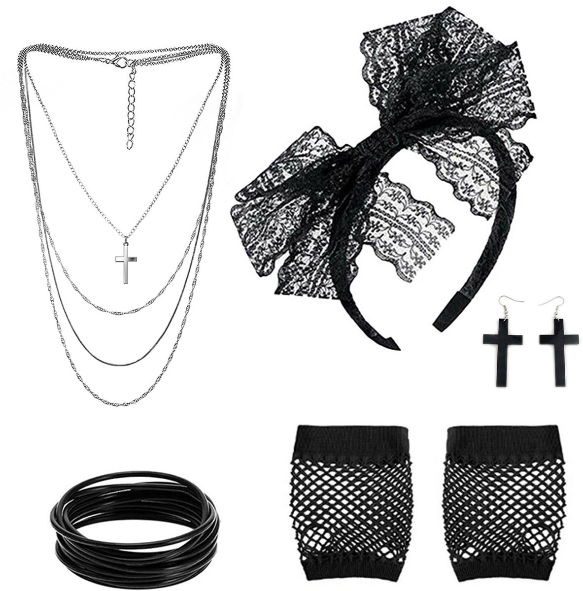 VIKSAUN 80s costume accessories, 80s accessories women, 80s retro party set, lace headband earrings, fishnet gloves - ShopVlot