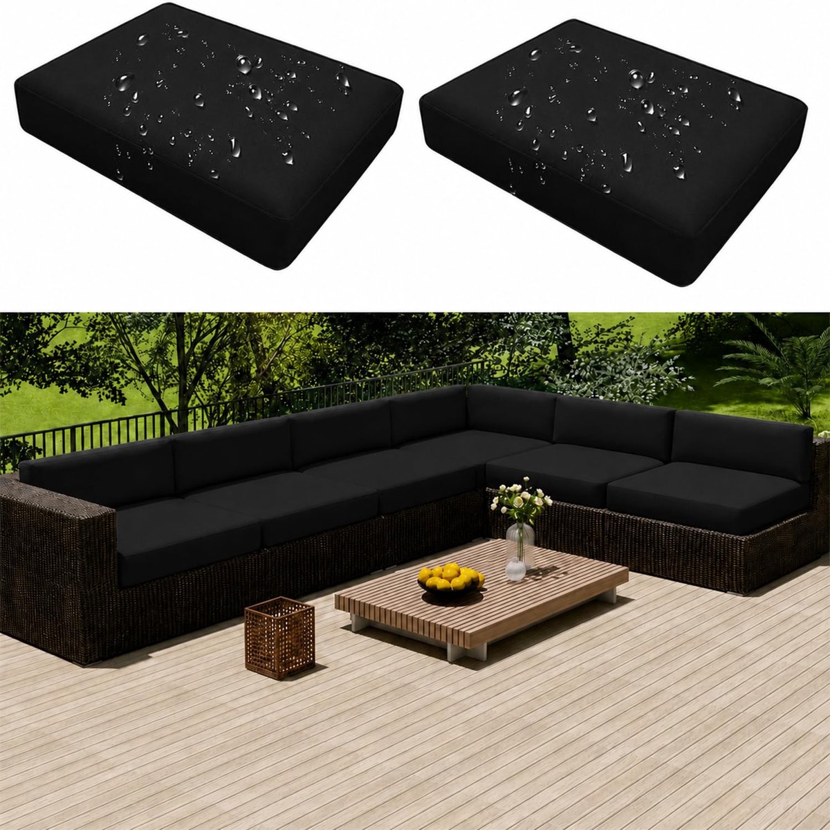 Outdoor Sofa Zitkussenhoes 2-delig Set Waterdicht met Ritssluiting, Afneembaar Sofakussenhoes voor Terrasstoel, Weerbestendig Sofabeschermer voor Tuinmeubels van Rotan (65x65x10cm, Zwart)