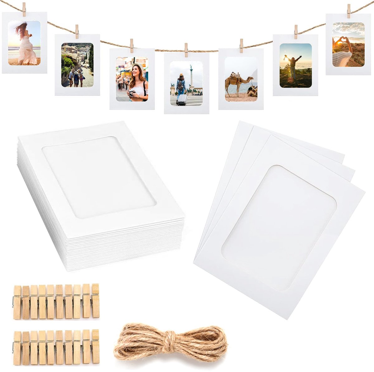 20 stuks fototassen om op te hangen, wit, 10 x 15 cm, fotolijst van karton, zelfklevende fotolijst voor fotonet, klaslokaal, met houten klemmen en henneptouwen