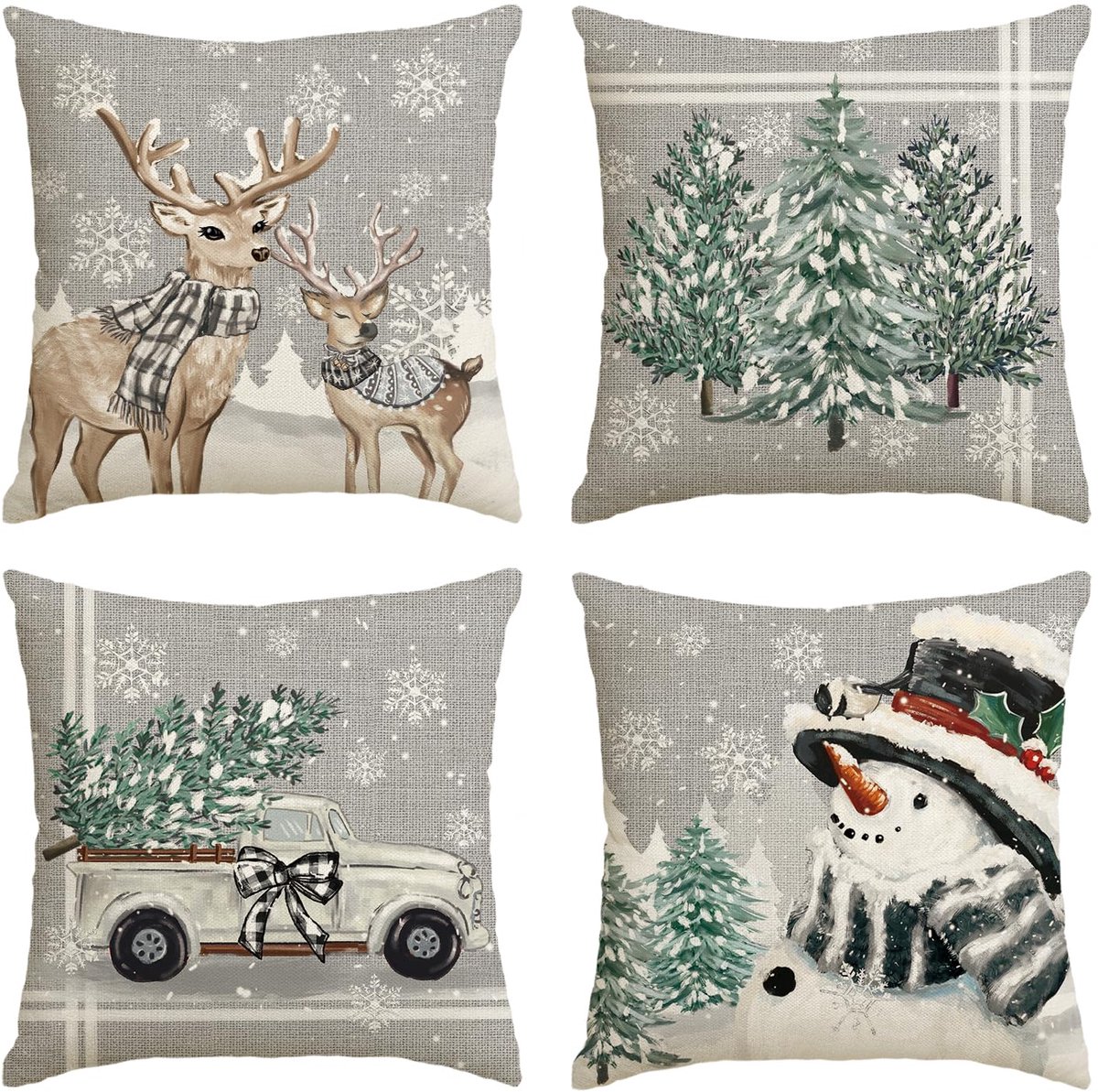 Mode Set van 4 kussenslopen van rendier, bomen, vrachtwagen, sneeuwpop, kerstkussensloop, 40 x 40 cm, wintervrachtwagen sierkussensloop, kussenovertrek, bankdecoratie