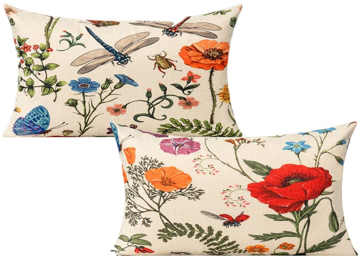 Smiles Lumbale kussenslopen, set van 2, 12 x 20 cm, voor buiten, zomer, lente, tuin, bloemen, boerderijdecoratie, buitenmeubels, bank, decoratieve kussenslopen voor terras, bank, stoel, bed