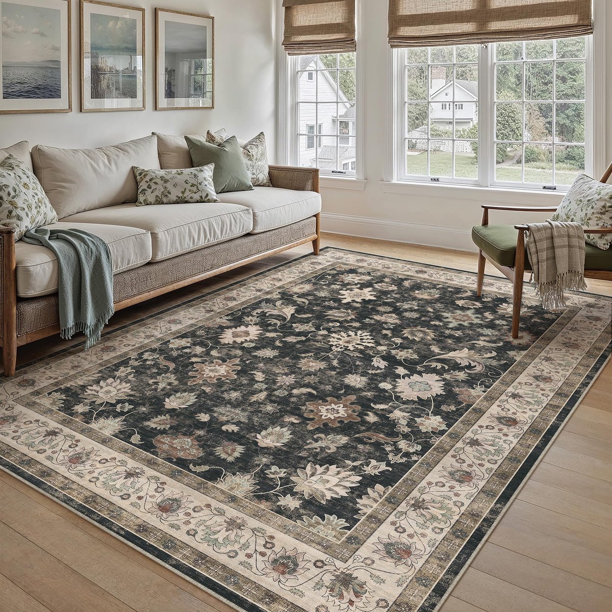 Vloerkleed, wasbaar, 160 x 230 cm, bloemenpatroon, antislip, zacht, boho, vintage, voor slaapkamer, keuken, eetkamer, slaapkamer, woonkamer, zwart