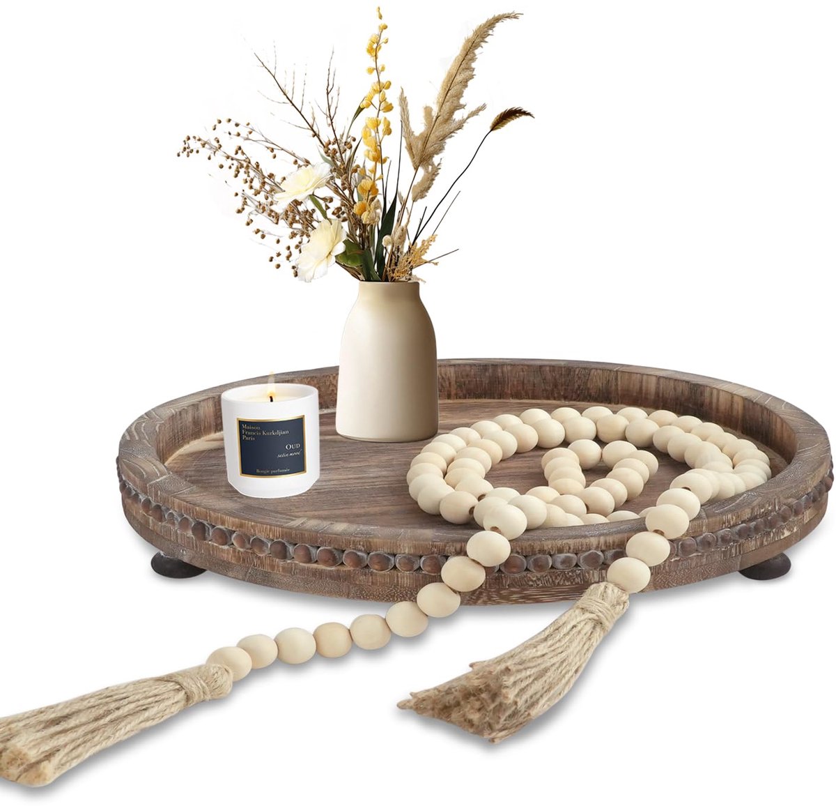 Rond houten dienblad met houten kralen, slinger voor woondecoratie, decoratief dienblad, distressed salontafel, dienblad voor keuken, woonkamer, eettafel (bruin)