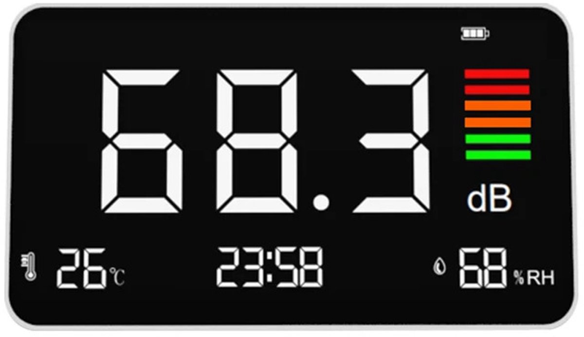 carmdering - 4-In-1 Geluidsmeter - Decibelmeter - Digitale Monitor - Realtime Geluidsniveau Meting - Temperatuur En Vochtigheid Controle - ABS Kunststof - Instelbaar LED-Scherm - Draadloze Lange Batterijduur - 1 Stuk