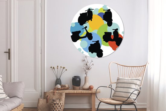 Illustration avec silhouettes d'un Vespa Wall cercle aluminium ⌀ 120 cm - tirage photo sur cercle mural / cercle vivant / cercle jardin (décoration murale) XXL / Groot format!