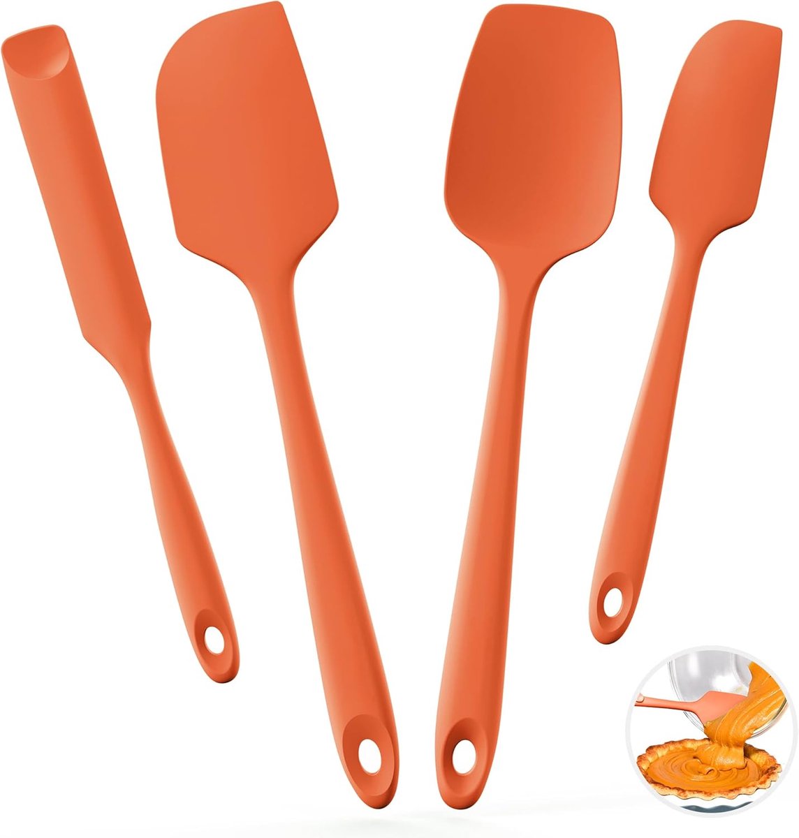 Siliconen deegschraper set: 315 °C hittebestendige siliconen spatel, voedselveilig kooklepel, flexibele deegspatel voor koken en bakken voor kookgerei met antiaanbaklaag(4-delig, Oranje)