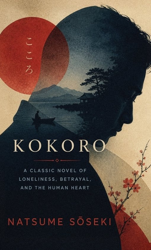Boekomslag van "Kokoro" met een silhouet van een man, Japanse landschap, bootje en bloeiende kersenbloesems. Tekst: Kokoro, A Classic Novel of Loneliness, Betrayal, and the Human Heart, Natsume Sōseki.