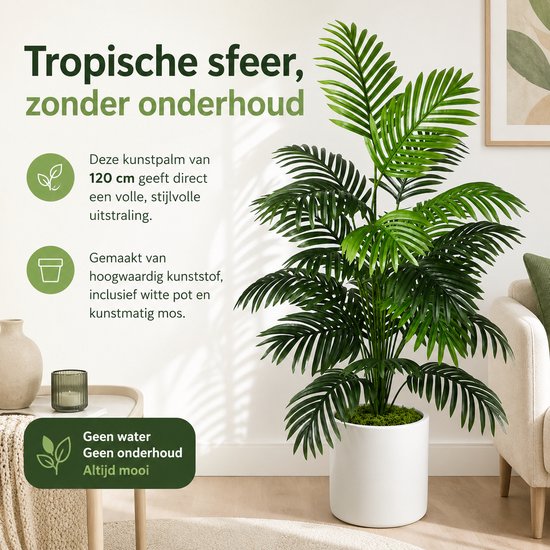 Groene kunstpalm van 120 cm in witte pot met kunstmos, voor een tropische sfeer zonder onderhoud.