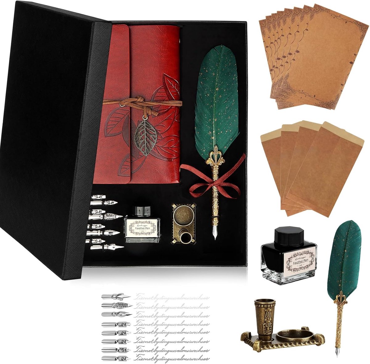 Pen Inktset,Kalligrafie Pen Set,Veren Pennenset met pennenhouder,leren notitieboek,inkt,8 vervangbare punten,pennenhouder,briefpapier en enveloppen,vintage schrijvenset voor cadeau-ideeën